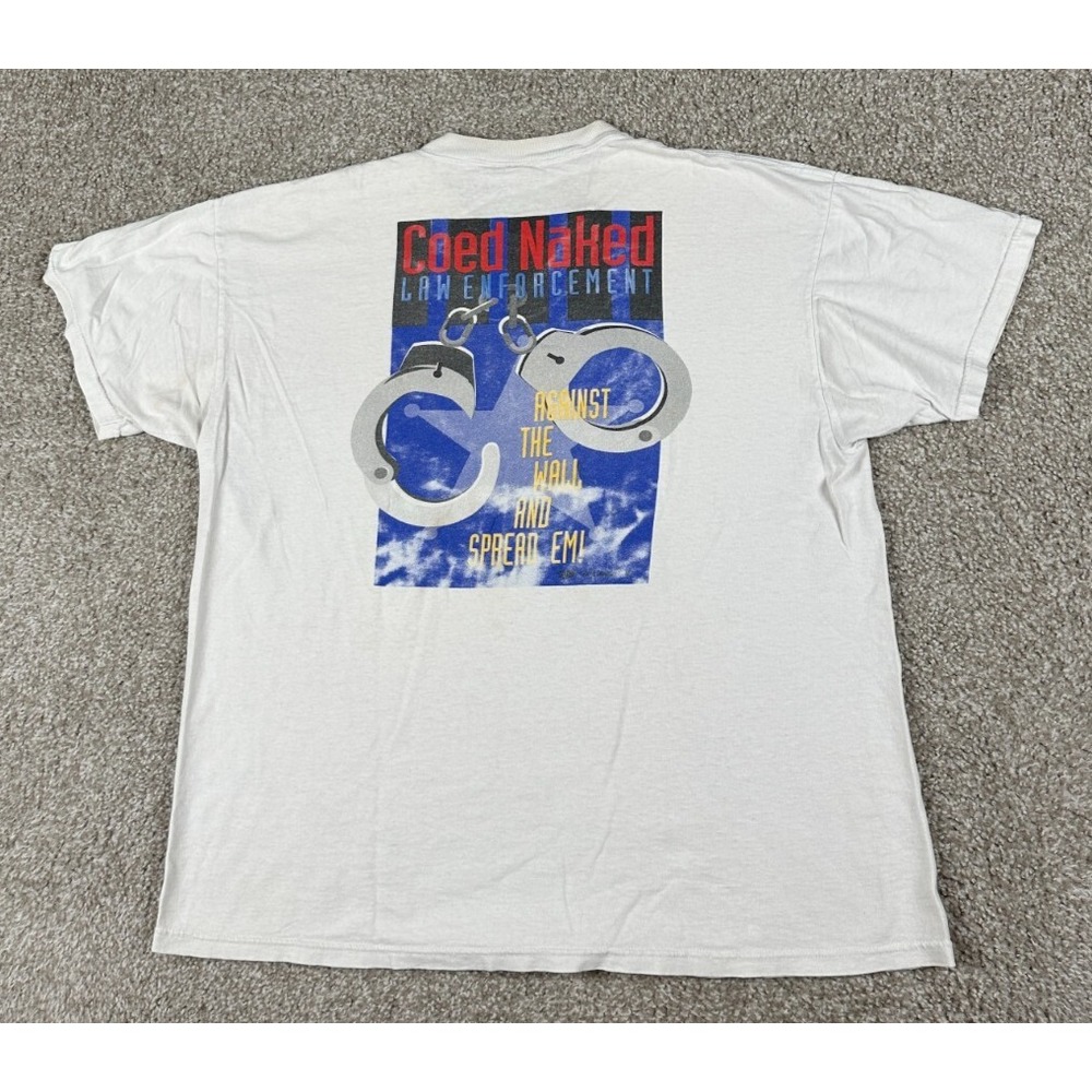 Vintage Coed Naked Shirt Men XL White Distressed Law Enforcement Graphic Tee 90s